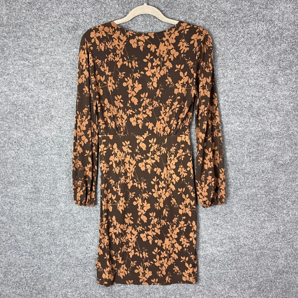 New Gilli Floral Mini Dress Womens Small Brown NWT Long Sleeve V-Neck Faux Wrap
